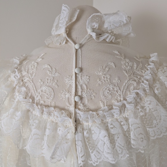 70s Wedding Gown Floor Length Train Edwardian Capelet Lace Collar Bishop Sleeves - Picture 7 of 15